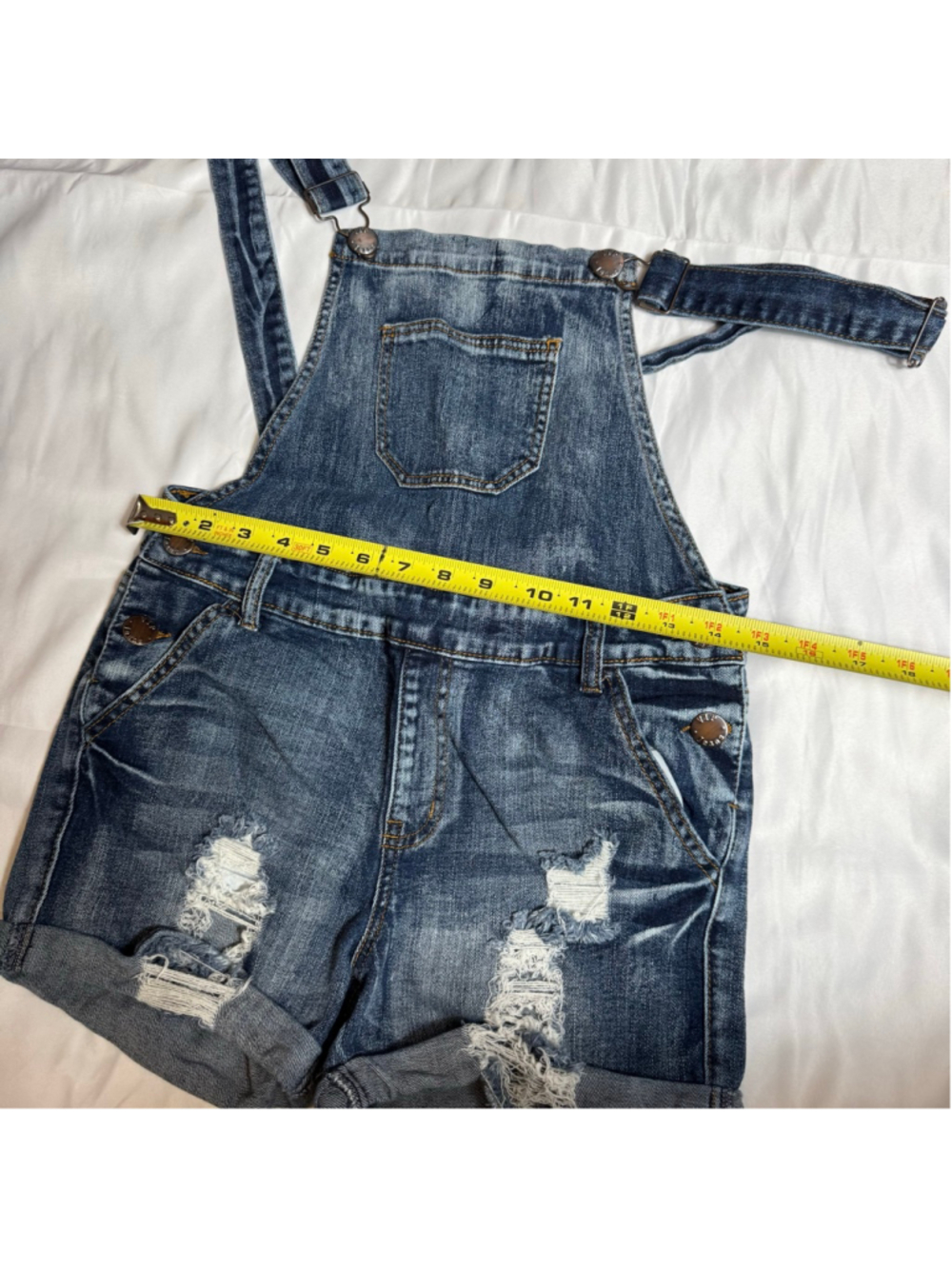 Women's VIP JEANS Blue Distressed Denim Overall Shorts Juniors 11 - Picture 6 of 7